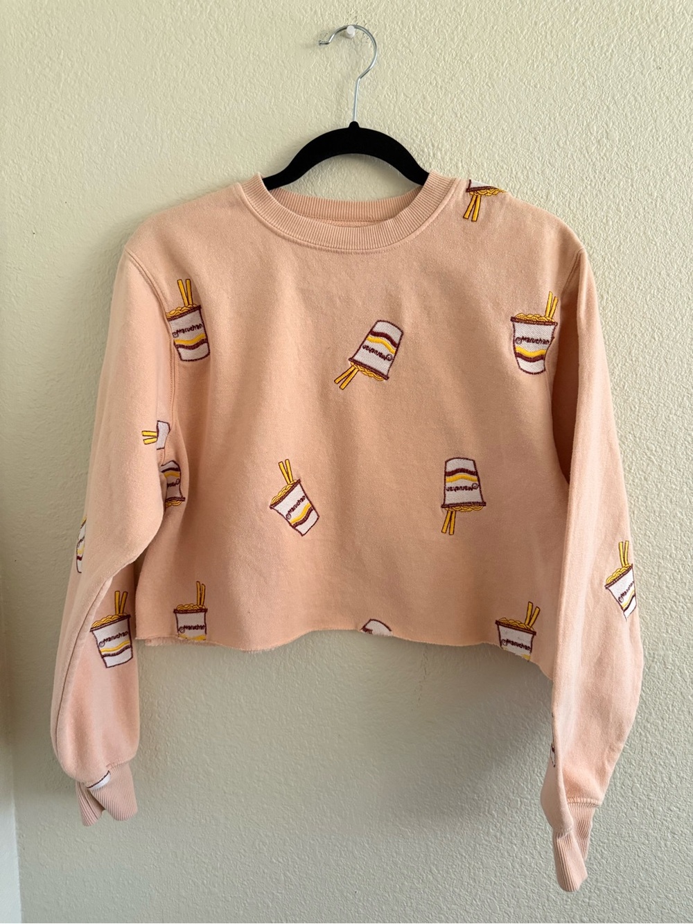 Peach Embroidered Noodle Cup Cropped Crewneck Sweater